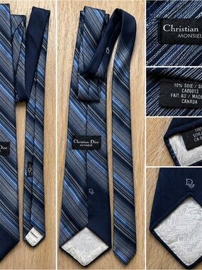 Vintage Christian Dior Monsieur Silk Tie Navy Blue Striped